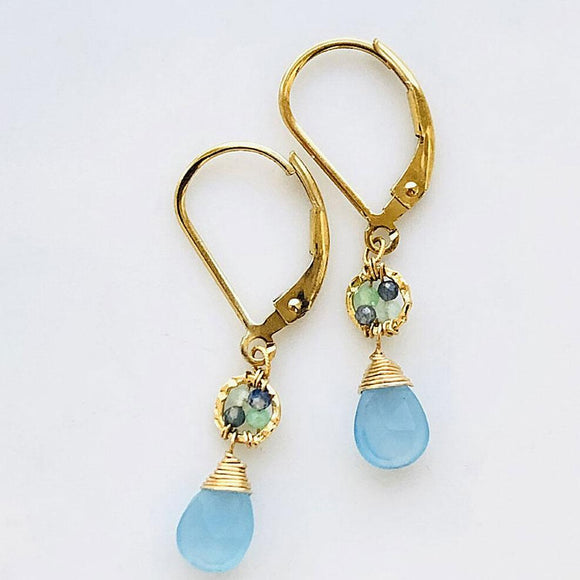 Michelle Pressler Jewelry Earrings 5083 with Green Opal Australian Sapphire Beads and Blue Chalcedony Drops Artistic Artisan Crafted Jewelry