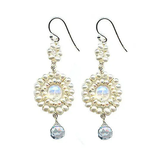 Michelle Pressler Jewelry Earrings Moonstone Pearl and White Topaz B15, Artistic Artisan Designer Jewelry