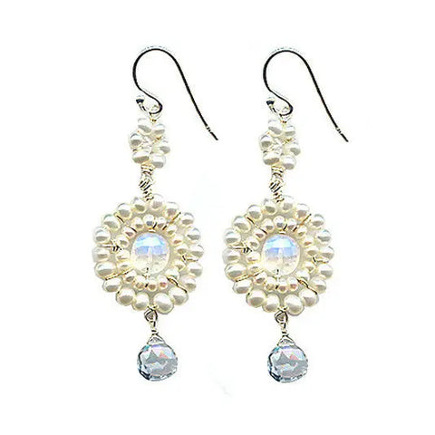 Michelle Pressler Jewelry Earrings Moonstone Pearl and White Topaz B15, Artistic Artisan Designer Jewelry