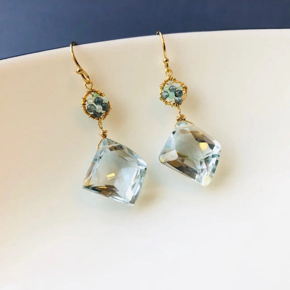 Michelle Pressler Fancy Earrings 5151 with Green Opal, Australian Sapphire, and Green Hydro Quartz Drops Artistic Artisan Designer Jewelry