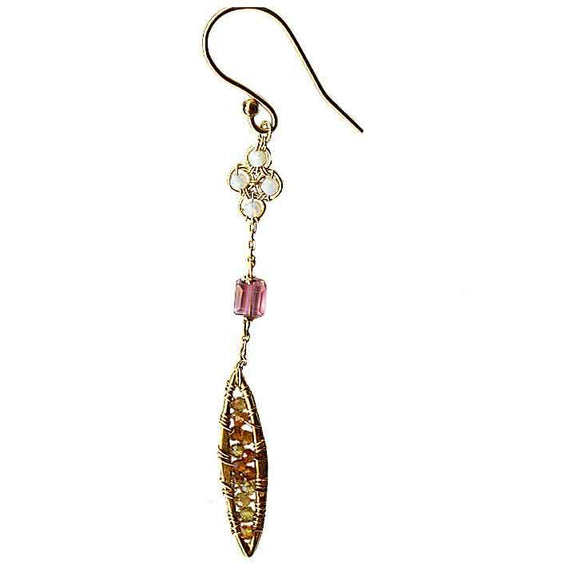 Michelle Pressler Jewelry Feathers Earrings 4835 with Australian Opal and Multi Colored Tourmaline Artistic Artisan Designer Jewelry