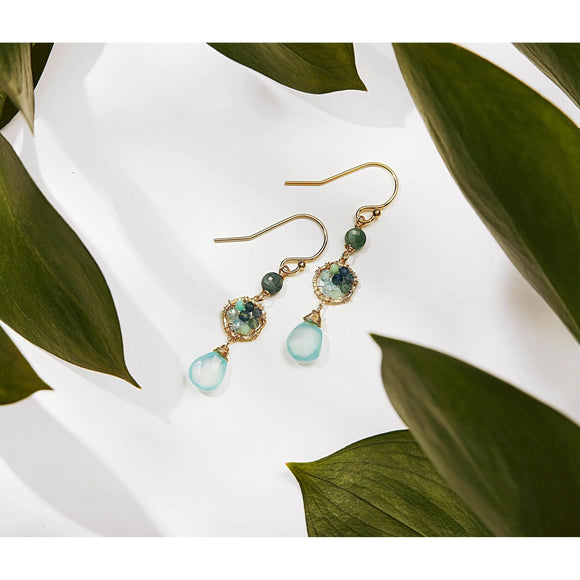 Michelle Pressler Hanging Earrings 5157 with Green Tourmaline Aqua Chalcedony Green Opal and Australian Sapphire Artistic Artisan Designer Jewelry