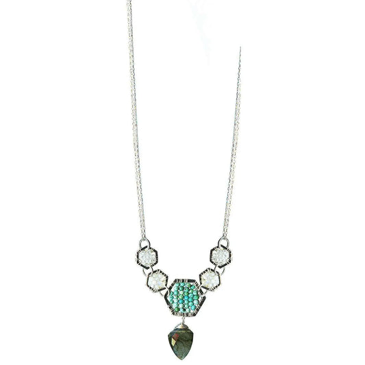 Michelle Pressler Jewelry Hexagon Necklace 4915 with White Natural Zircon Australian Opal Turquoise and Labradorite Artistic Artisan Designer Jewelry