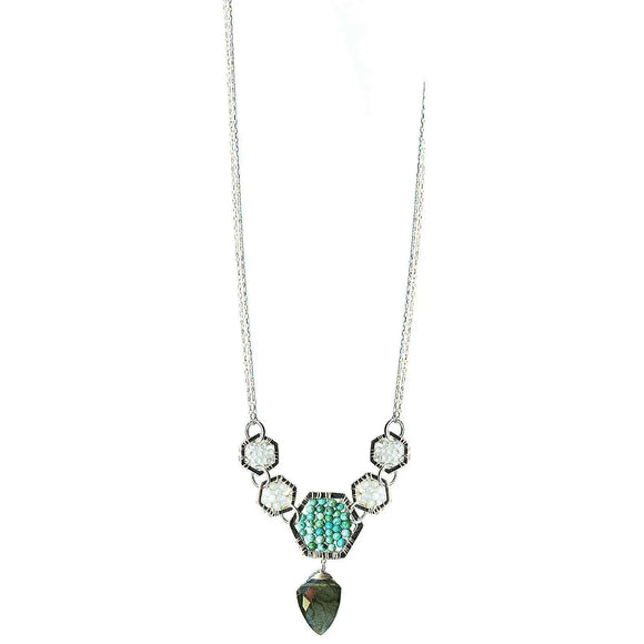 Michelle Pressler Jewelry Hexagon Necklace 4915 with White Natural Zircon Australian Opal Turquoise and Labradorite Artistic Artisan Designer Jewelry