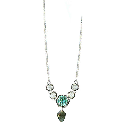 Michelle Pressler Jewelry Hexagon Necklace 4915 with White Natural Zircon Australian Opal Turquoise and Labradorite Artistic Artisan Designer Jewelry