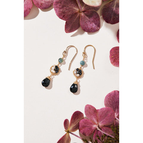 Michelle Pressler Ink Ombre Earrings 5157 with Black Spinel Grey Silverite Labradorite White Zircon Pearl and Green Tourmaline Artistic Artisan Designer Jewelry