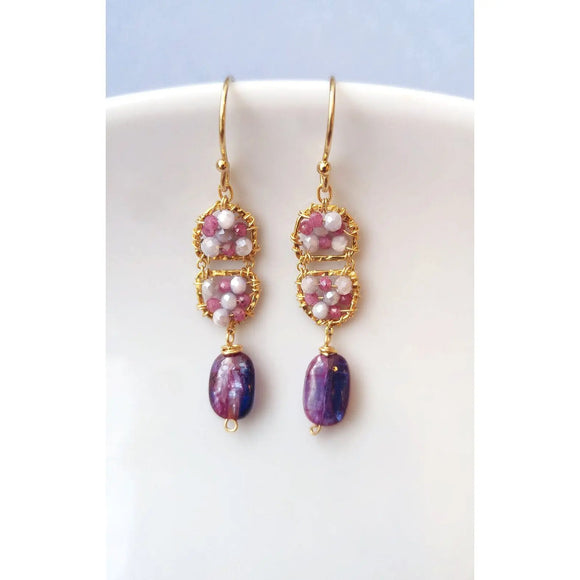 Michelle Pressler Plum Double Scallop Earrings 4617 with Pink Sapphire, Lavender Coated Moonstone, and Purple Mystic Kyanite Drops Artistic Artisan Designer Jewelry