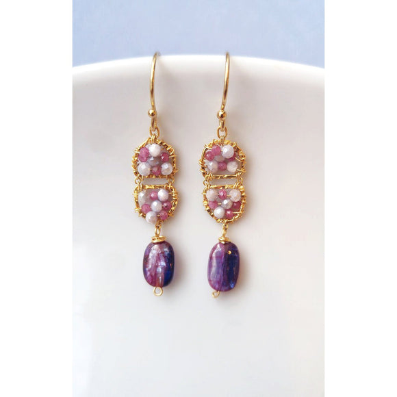 Michelle Pressler Plum Double Scallop Earrings 4617 with Pink Sapphire, Lavender Coated Moonstone, and Purple Mystic Kyanite Drops Artistic Artisan Designer Jewelry