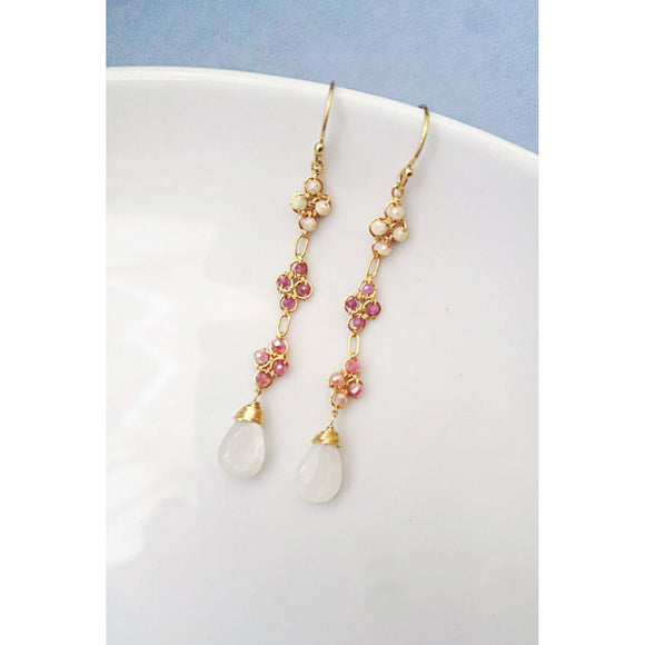 Michelle Pressler Rosey Mix Clover Earrings 4718 with Moonstone and Pink Sapphire Artistic Artisan Designer Jewelry