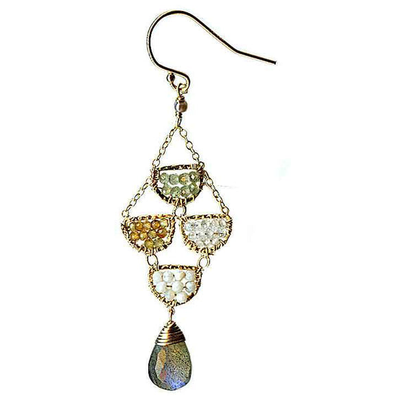 Michelle Pressler Jewelry Scallop Earrings 4629 A with Mixed Gemstones and Moonstone Artistic Artisan Designer Jewelry