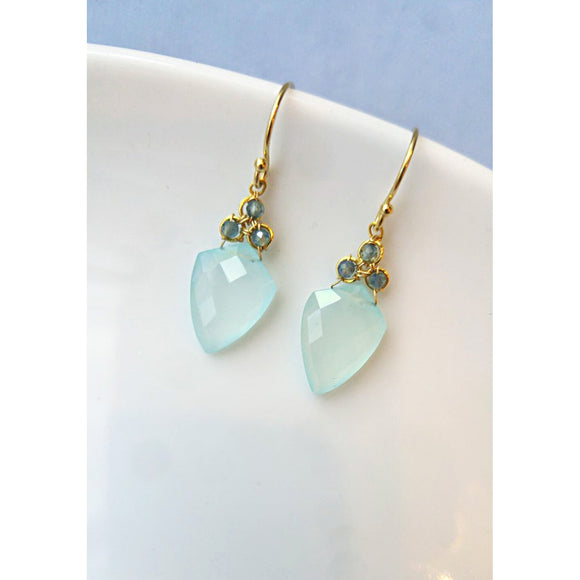 Michelle Pressler Shield Earrings 4801 with Faceted Aqua Chalcedony and Australian Sapphire Beading Artistic Artisan Designer Jewelry