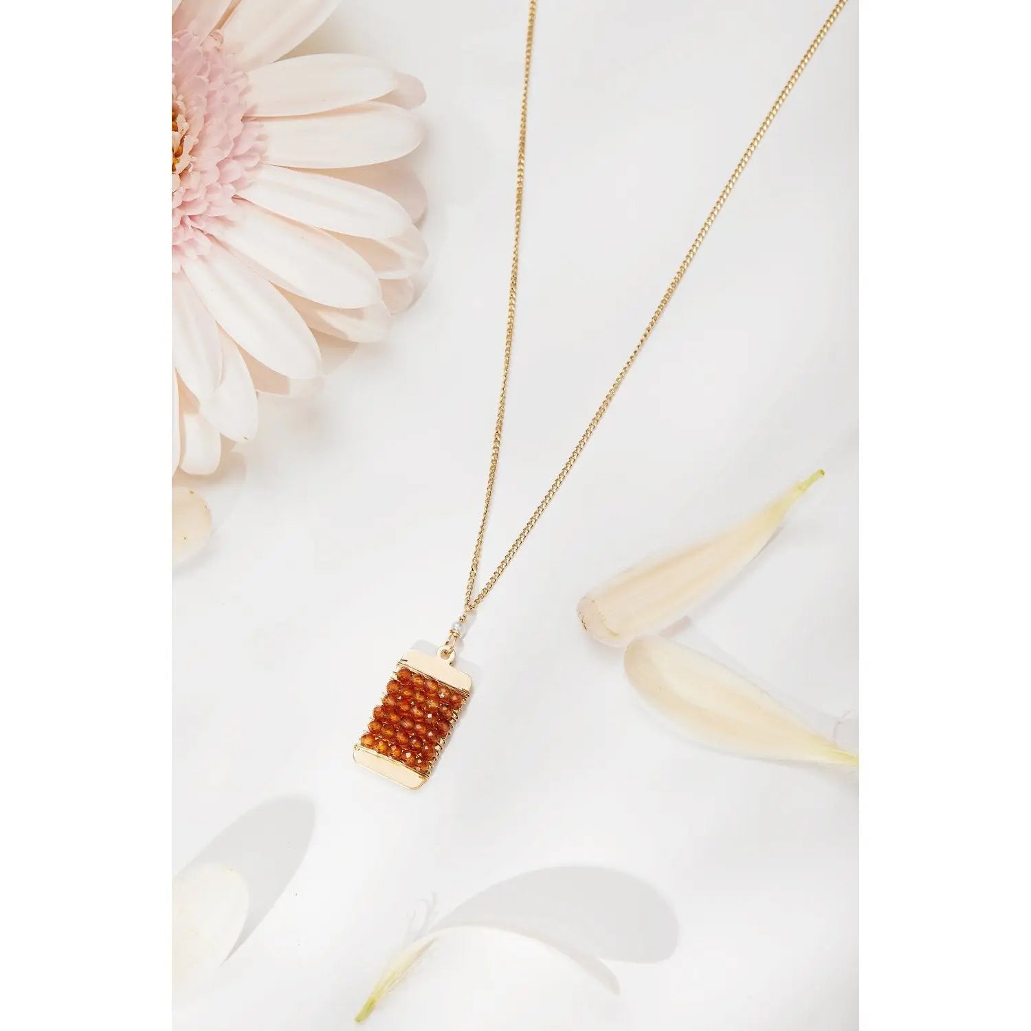Michelle Pressler Wrapped Tag Necklace 4987 with Hessonite Beads and a Freshwater Pearl Artistic Artisan Designer Jewelry