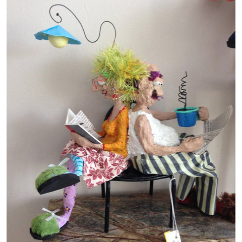 Naava Naslavsky The Couple Sitting Back to Back Art in Paper Mache Humorous Whimsical Sculptures