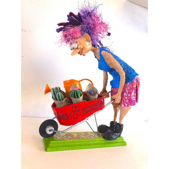 Naava Naslavsky The Gardener with a Wheelbarrow Art in Paper Mache Humorous Whimsical Sculptures