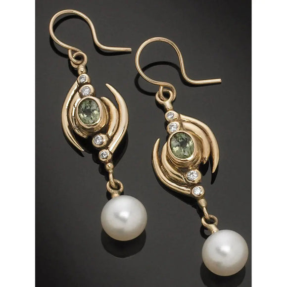 Richelle Leigh 14Kt Yellow Gold Green Sapphire, Diamond and Pearl Earrings ER94YG Artistic Designer Handcrafted Jewelry