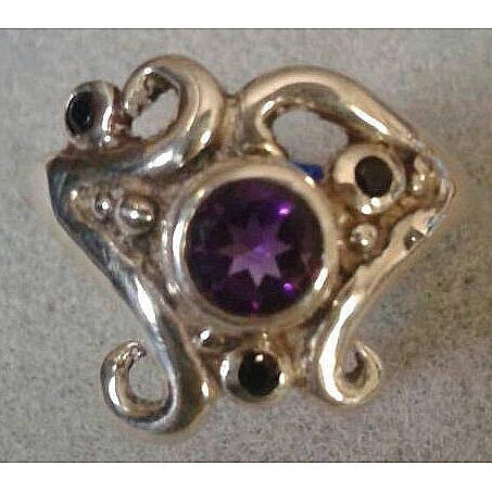 Richelle Leigh Sterling Silver Asymmetric Swirl Amethyst & Black Spinel Ring Artistic Designer Handcrafted Jewelry