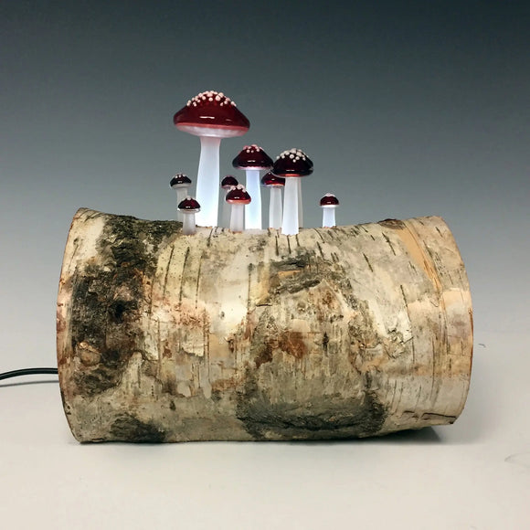 Sage Studios Glass Mushroom on Birch Log Night Light Lamp Mushroom Line Functional Art Glass Lighting