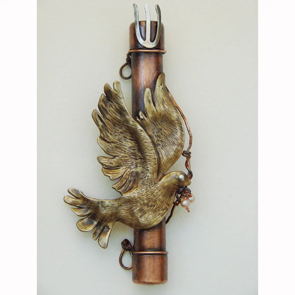 Sherri Cohen Design Mezuzah Dove of Peace with Pearls in Copper, Bronze, and Sterling Silver, Artistic Artisan Designer Judaica