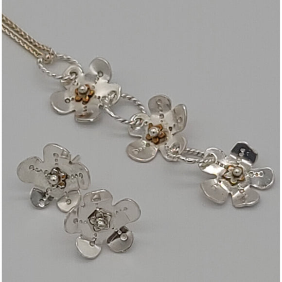 Silver Garden Designs Sterling Silver with Brass Accents Forget Me Not Three Flower Necklace and Earrings Artistic Artisan Designer Jewelry