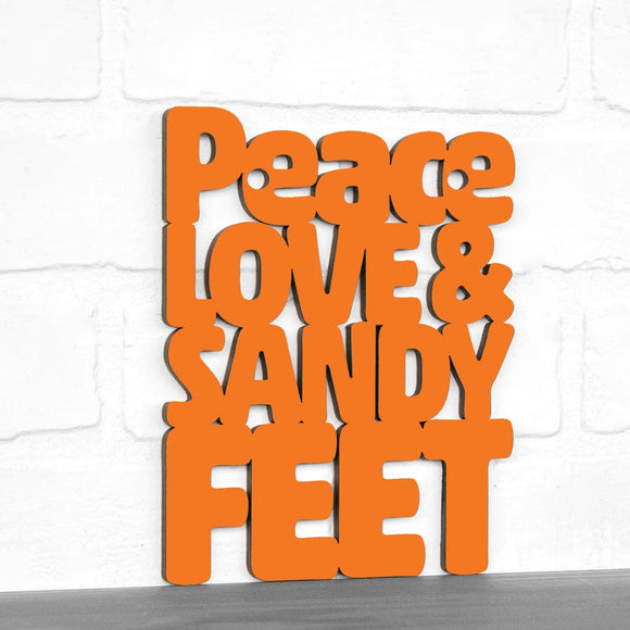Spunky Fluff Wood Wall Art Sign Peace Love and Sandy Feet Artistic Artisan Designer Signs
