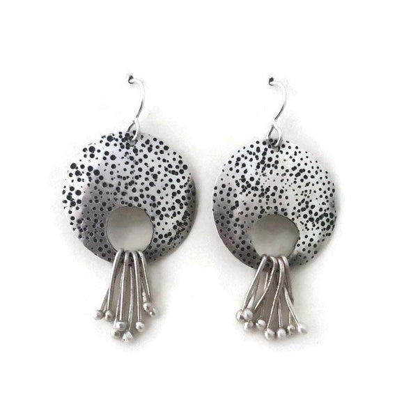 Stamped and Oxidized Sterling Silver Round Earrings with Dangles E277 by Joanna Craft Jewelry Design Artistic Artisan Designer Jewelry