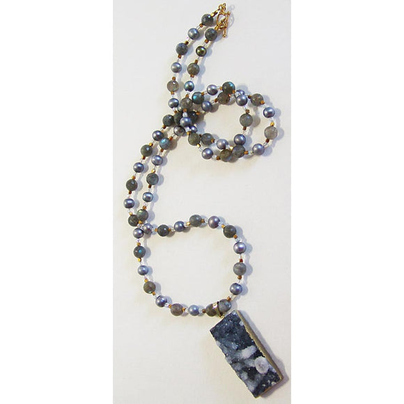 Susan Anderson Labradorite Grey Pearl and Druze Quartz Pendant Necklace 926