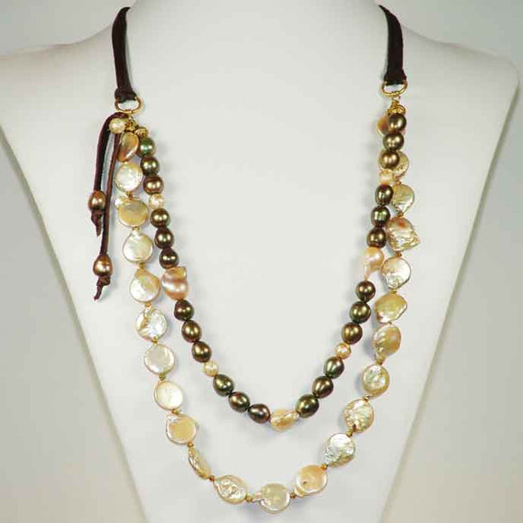 Susan Anderson Pearl and Leather Necklace 817, Artistic Artisan Designer Jewelry