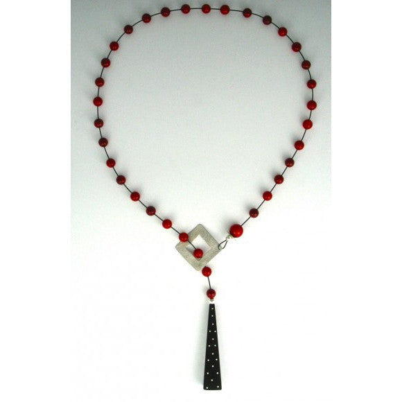 Suzanne Linquist Red Circle Metals Necklace 7N58, Artistic Artisan Designer Jewelry