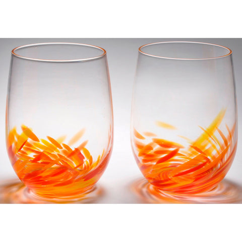The Furnace Glassworks Vino Breve Glasses Shown in Red Orange four Piece Set Functional Artisan Handblown Art Glass Glasses