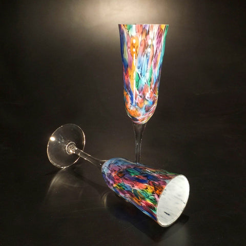 The Glass Forge Champagne Glass Shown In Rainbow Frit Artistic,, Functional Artisan Handblown Art Glass Barware Drinkware, Handmade in the USA, Handmade in the USA