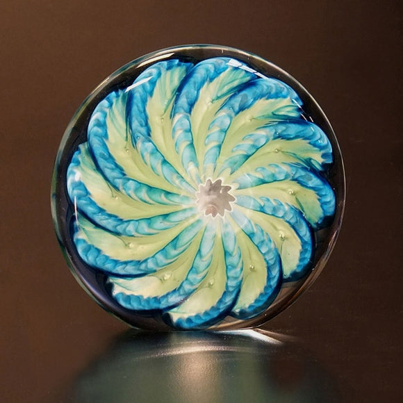 The Glass Forge Nateweight Disk Paperweight Shown In Nile Blue Artistic Functional Artisan Handblown Art Glass Paperweights