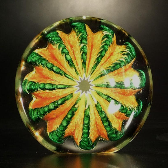 The Glass Forge Nateweight Paperweight Shown In Topaz And Aventurine Artistic Functional Artisan Handblown Art Glass Paperweights