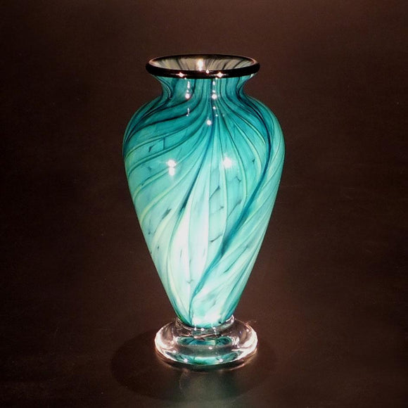 The Glass Forge Vase Shown In Lagoon Feather Artistic Functional Artisan Handblown Art Glass Vases