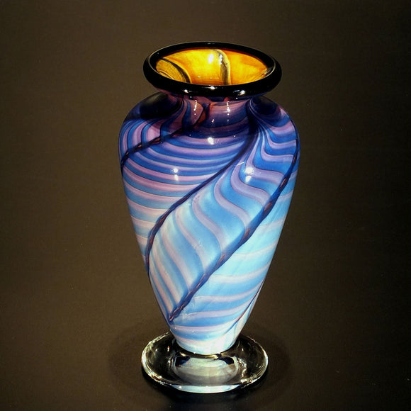 The Glass Forge Vase Shown In Topaz Purple And Blue Feather Artistic Functional Artisan Handblown Art Glass Vases