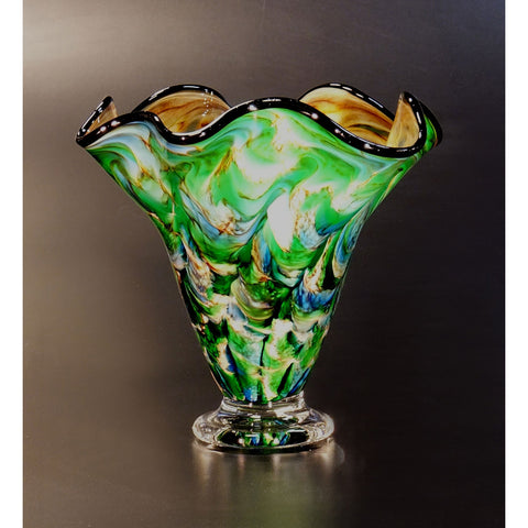The Glass Forge Wave Vase Shown in ET Teal DD Color Artistic Functional Artisan Handblown Art Glass Vases