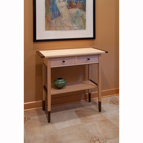 Thomas William Furniture Tiger Maple Two Drawer Hall Table, Artistic Artisan Designer Side Tables
