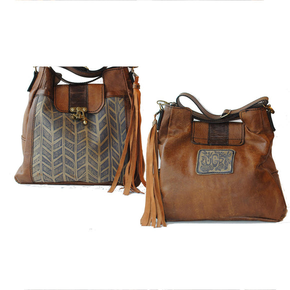 Urban Gypsy Design London Tote Handbag in Herring Bone Print and Montana Buckskin Color Artisan Designer Handbags