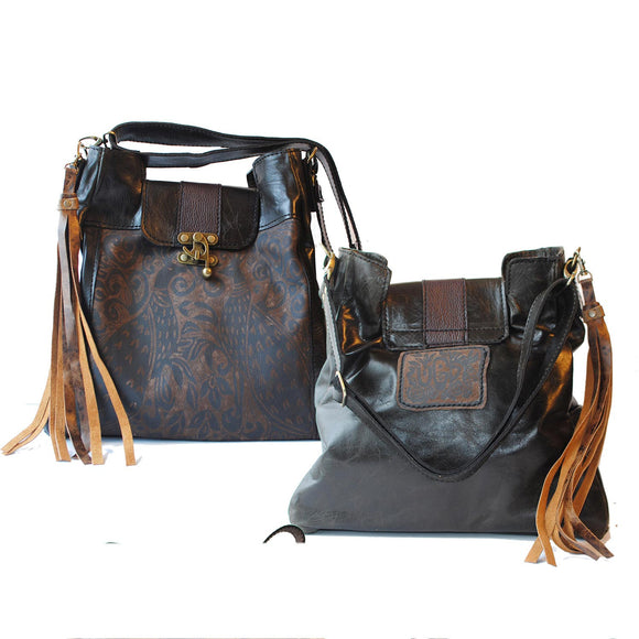 Urban Gypsy Design London Tote Handbag in Peacock Print and Black Oak Color Artisan Designer Handbags