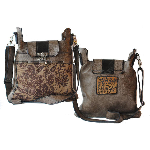 Urban Gypsy Design Madrid Crossbody Handbag in Peony Print and Smoky Mountain Color Artisan Designer Handbags