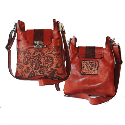 Urban Gypsy Design Madrid Crossbody Handbag in Rose Print and Terracotta Color Artisan Designer Handbags