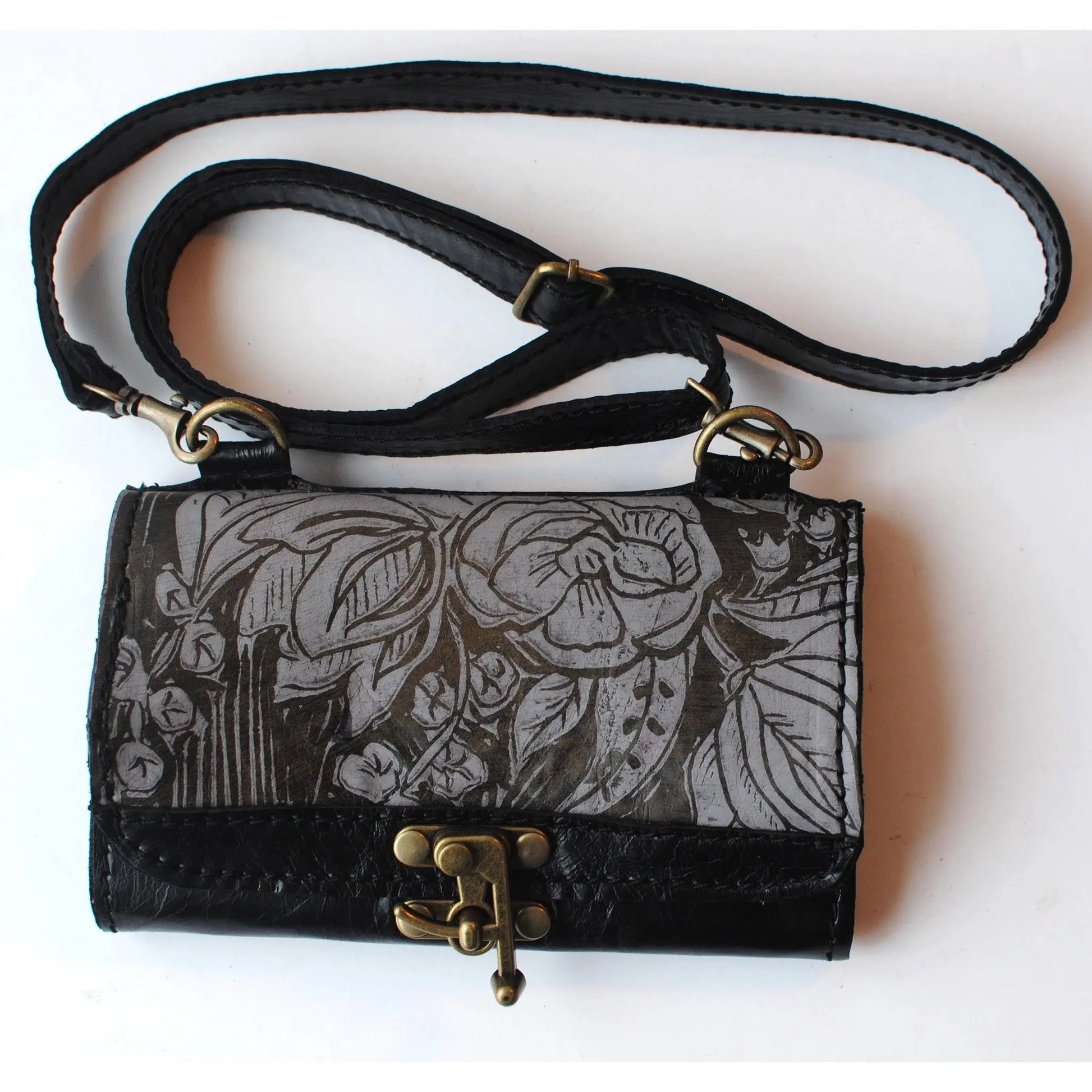 Urban Gypsy Design Oxford Clutch Handbag in Peony Print and Restoration Black Color Artisan Designer Handbags