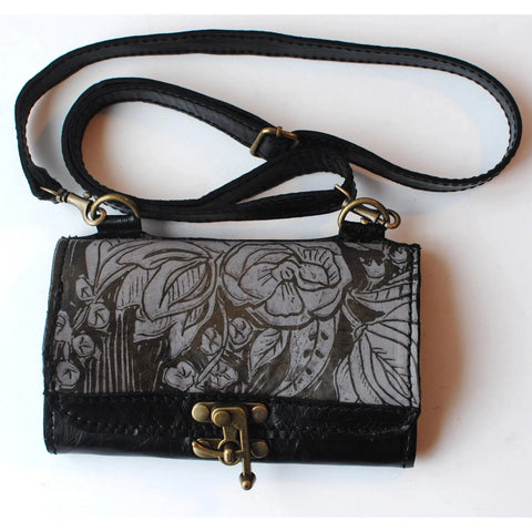 Urban Gypsy Design Oxford Clutch Handbag in Peony Print and Restoration Black Color Artisan Designer Handbags