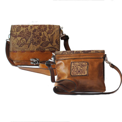 Urban Gypsy Design Uptown Messenger Handbag in Sparrow Print and Distressed Gold Color Artisan Designer Handbags