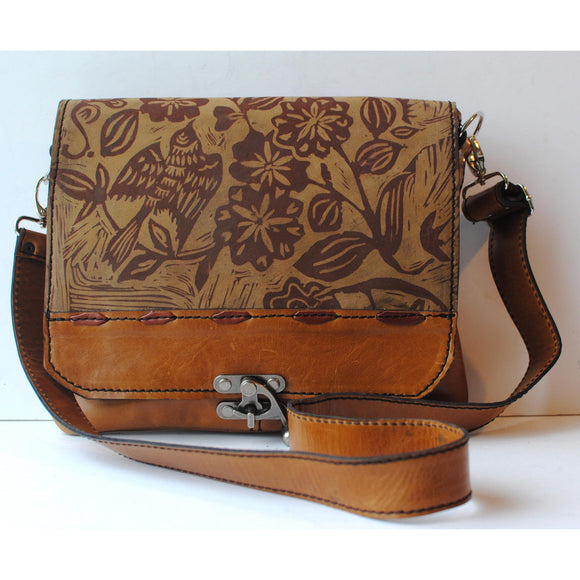 Urban Gypsy Design Uptown Messenger Handbag in Sparrow Print and Distressed Gold Color Artisan Designer Handbags
