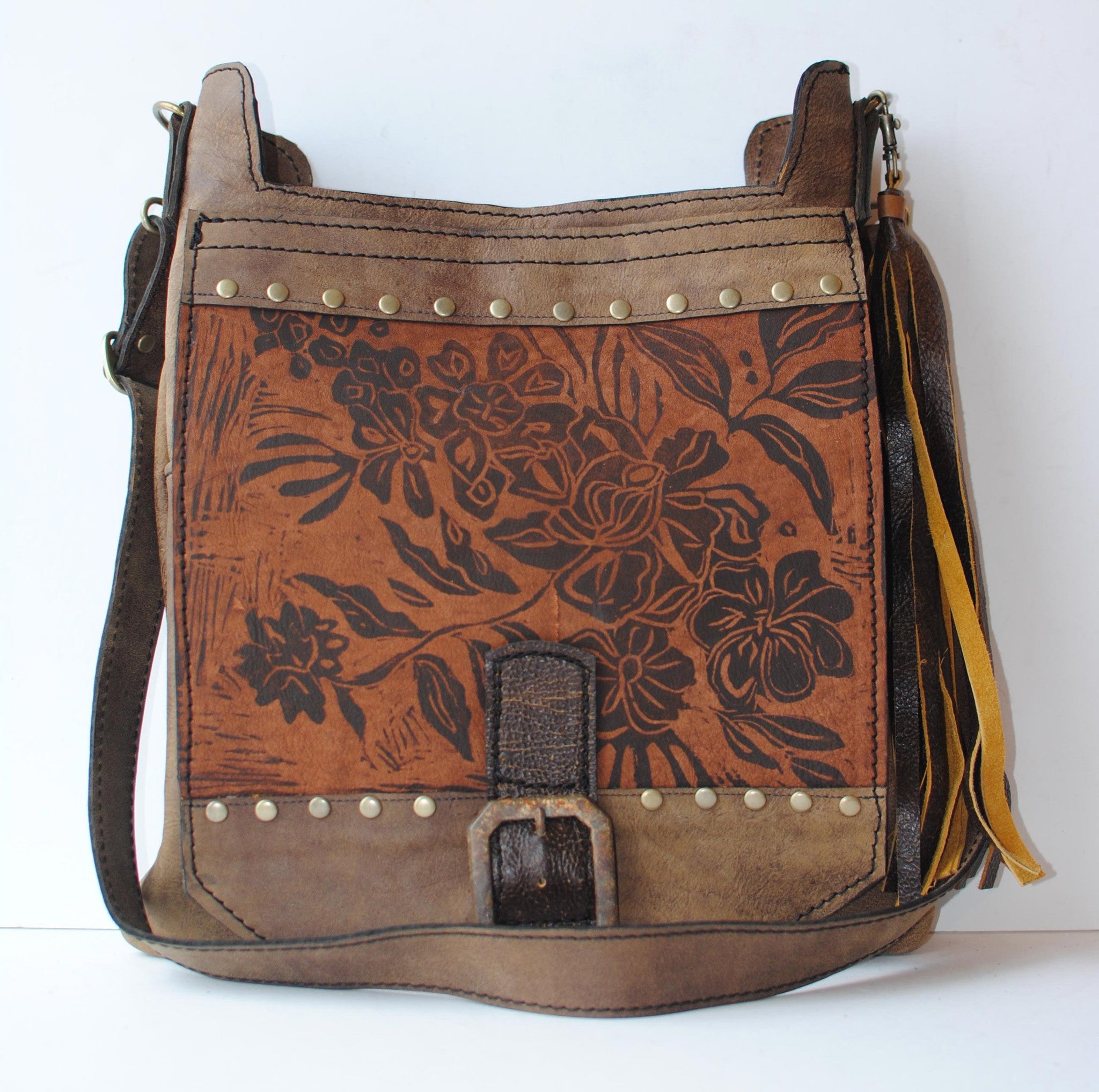 Urban Gypsy Design Urban Satchel Handbag in Wildflower Print and Lodge Color. Artisan Designer Handbags