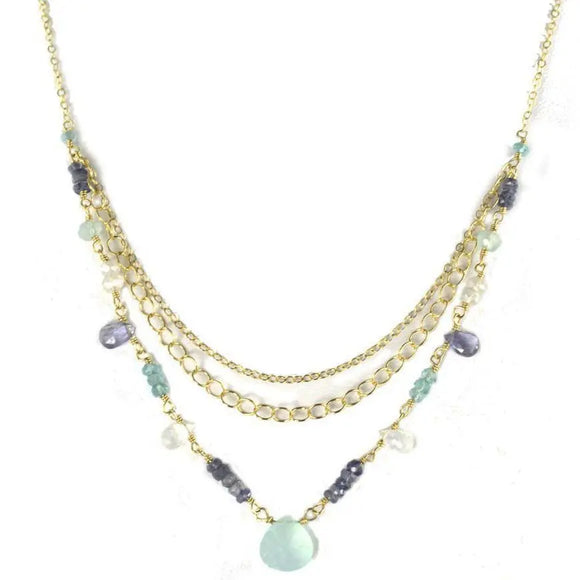 Vannucci Design by Justine Chalcecony Moonstone and Iolite Beweled Triple Tier Necklace NM2061