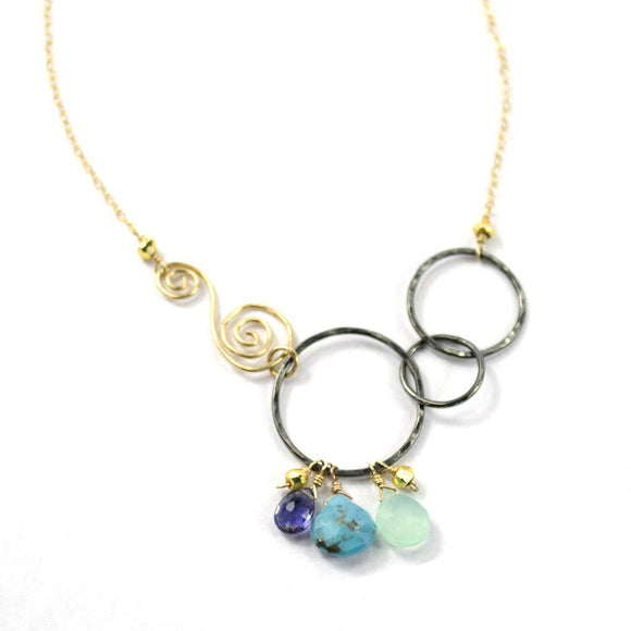 B.Vannucci Design by Justine Turquoise Chalcedony Iolite and Gold Pyrite Joyful Swirl Necklace NM2045