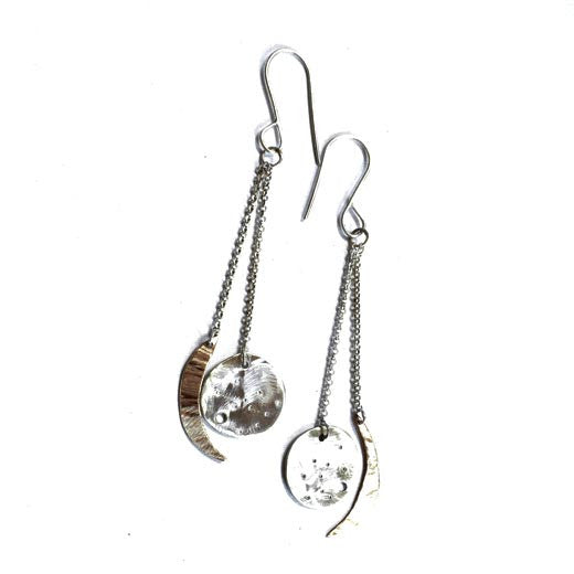 Votive Designs Jewelry Sun and Moon Dangles Sterling Silver and Brass Earrings SMDE002 Artistic Artisan Designer Jewelry