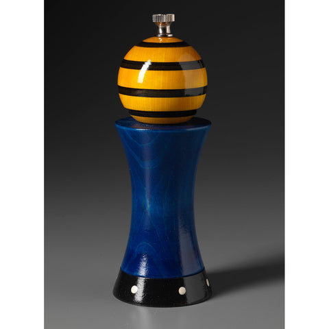 Wood Salt or Pepper Mill Grinder Alpha in Blue Yellow and Black by Robert Wilhelm of Raw Design Artistic Artisan Designer Handmade Wood Salt And Pepper Mills Grinders and Shakers