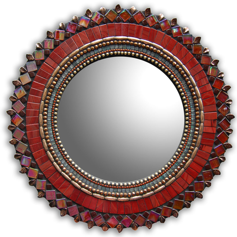 Zetamari Mosaic Round Mirror in Brick Red Leaf Artistic Artisan Designer Mirrors